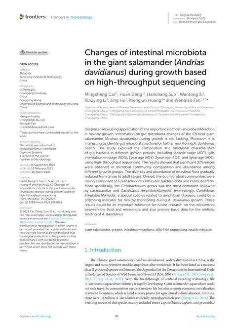 Pdf Changes Of Intestinal Microbiota In The Giant Salamander Andrias