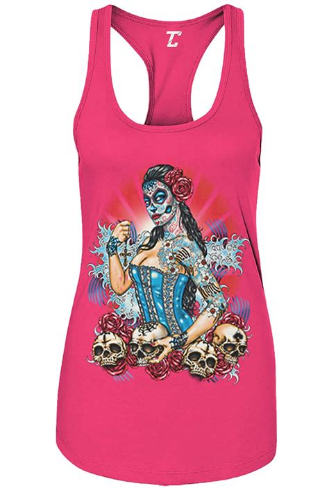 Day Of The Dead Pinup Skulls Roses Tank Top 5852 Shirts Seknovelty