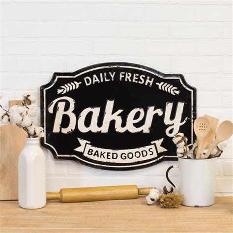 Pantry metal hanging farmhouse bar display kitchen signs rustic country cottage primitive shabby farmhousefreshhome. Black and White Embossed Metal Bakery Sign | Bakery sign ...
