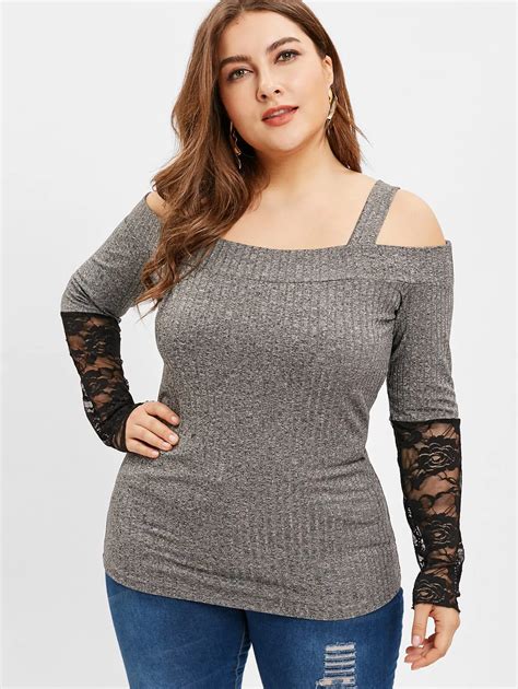 wipalo plus size lace insert cold shoulder top casual spaghetti strap lace long sleeves tops