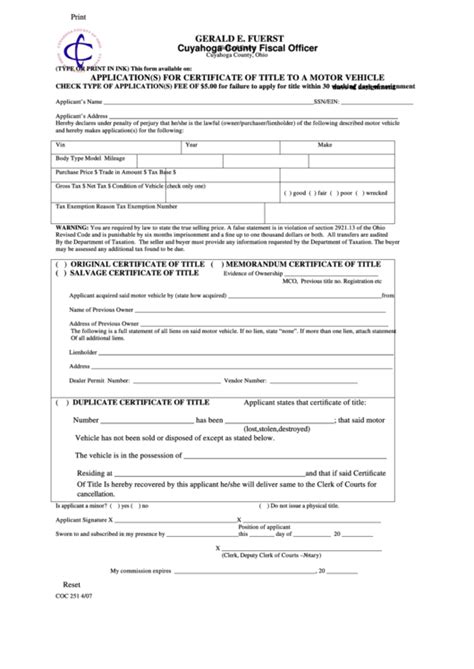 Fillable Application For Certificate Of Title For Motor Vehicle Form
