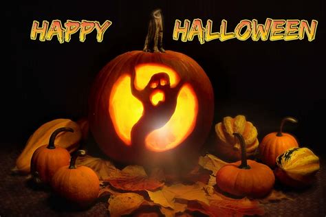 Ghost Carved Pumpkin Happy Halloween Text Overlay Lit Halloween
