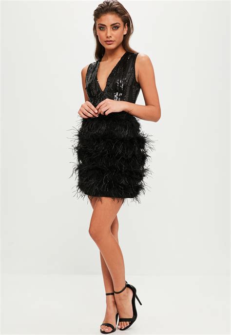 Lyst Missguided Black Sequin Feather Plunge Dress In Black