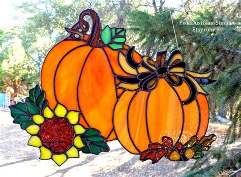 Stained Glass Pumpkin Suncatcher, "Fall has Arrived!", Oak leaves