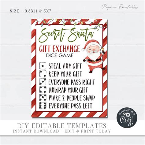 Editable Christmas T Exchange Dice Game Card Secret Santa Etsy
