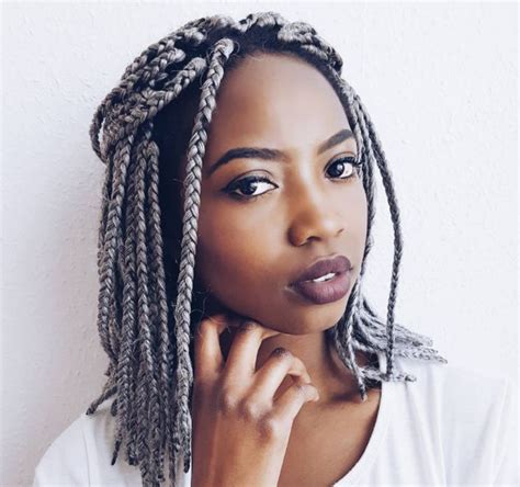 Bob hairstyles for women are nothing but a style in which the hair is cut typically around the head at the jaw's level. Gray Bob Box Braids | Short box braids, Box braids styling ...
