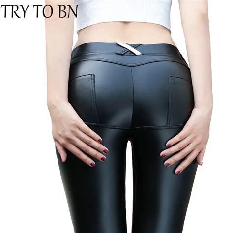 try to bn 4 colors pu leather low waist leggings women sexy hip push up pants legging jegging