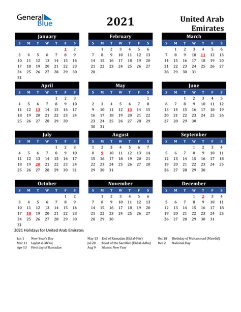 Download the printable 2021 calendar with holidays. 2021 Calendar - United Arab Emirates with Holidays