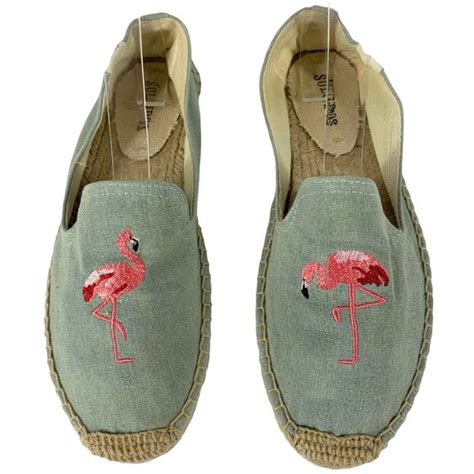 Soludos Shoes Soludos Pink Flamingo Embroidered Blue Chambray