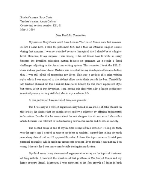 Example Of Cover Letter English Class Portfolio Essays
