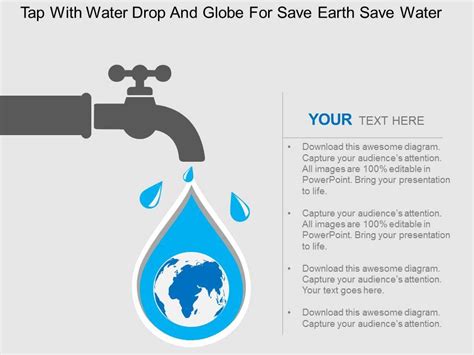 Tap With Water Drop And Globe For Save Earth Save Water Flat Powerpoint