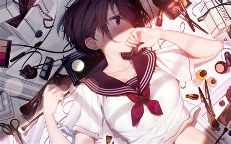 Wallpaper Anime Girls Black Hair Sailor Uniform Schoolgirl Lying