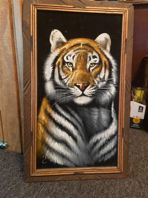 Tiger On Black Velvet Vintage Painting With Artist Signature Vintage