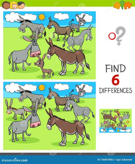 Differences Game With Donkeys Animal Characters Stock Vector