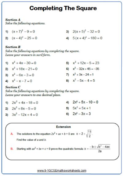 solving quadratic equations by completing the square workshe