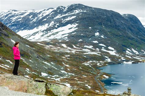 Tourist Woman Standing By Djupvatnet Lake Norway Stock Image Image