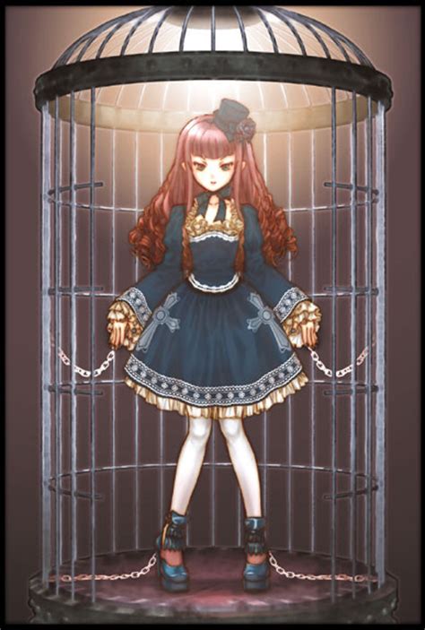 Ryuuran Girl Bdsm Blue Eyes Bondage Bound Cage Chain Cross Frills Goth Fashion