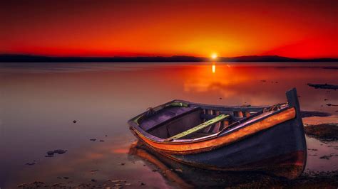 Beach Boat Sunset Wallpaper With Images Sunset Wallpaper Red