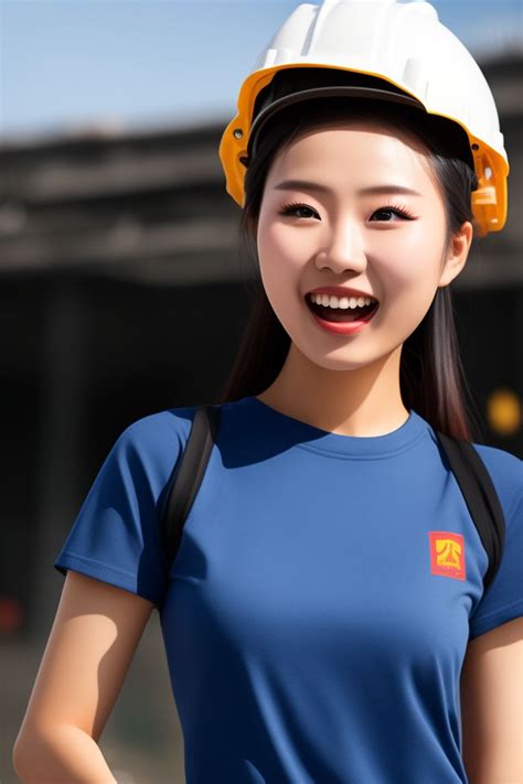 false ibex383 a hot chinese girl wears a construction hard hat t shirt laughing no background