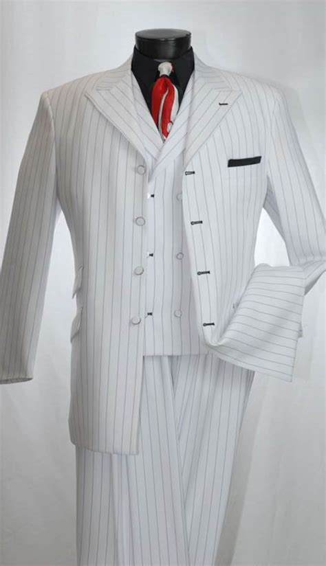 Men White Suit Black Pinstripe Bold Suit 4 Button Suit Pleated Pant