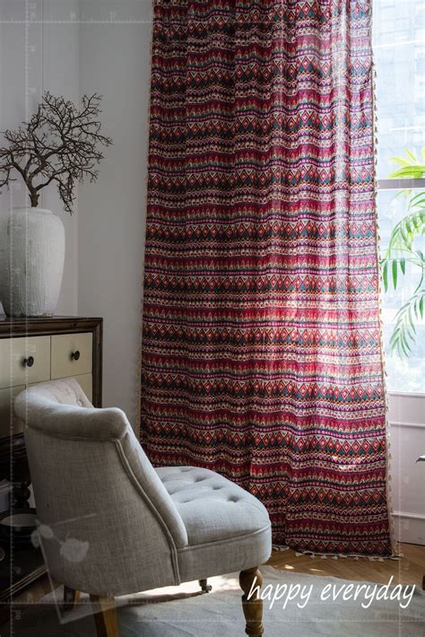 Red Bohemian Curtain Christams Living Room Curtain Window Etsy