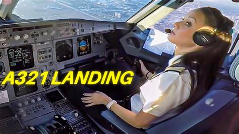 Beautiful Female Pilot Landing Airbus A Passenger Jet Cockpit View