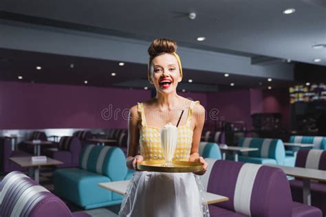 Cheerful Pin Up Waitress In Dress Stock Image Image Of Beautiful Cafe 236593855