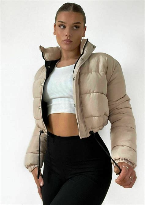 ladies quilted short puffer jacket thick padded cropped long sleeve zip up coat ebay cropped