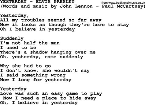 Yesterday By Elvis Presley Lyrics