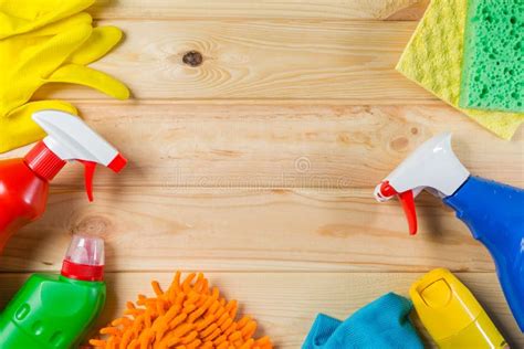 Cleaning Concept Cleaning Supplies On Wood Background Stock Photo