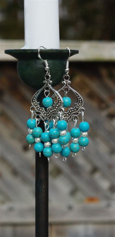 Turquoise Stone Boho Chandelier Earrings Silver And Etsy Chandelier