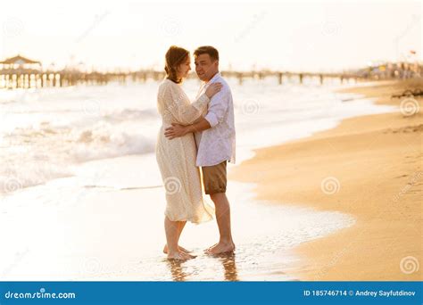 Couple Stand On Shore Line Sandy Beach Romantic Relationship Travel