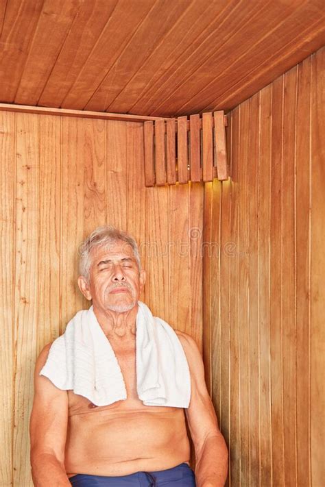 Senior Man Is Sitting In The Sauna Stock Image Image Of Healthy Comfortable 177013157
