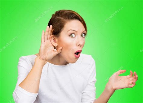 Nosy Woman Hand To Ear Gesture Trying Carefully Listen In On Ju Stock