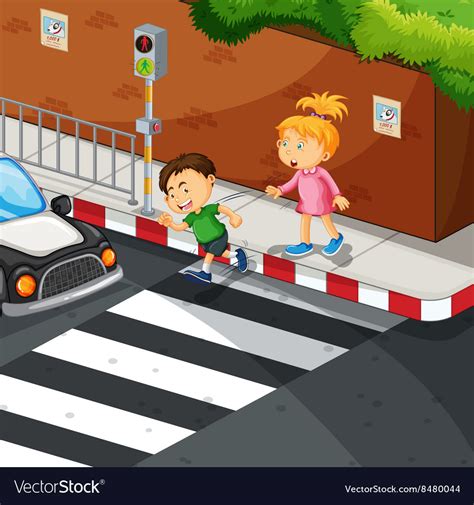 Boy And Girl Crossing Road Royalty Free Vector Image
