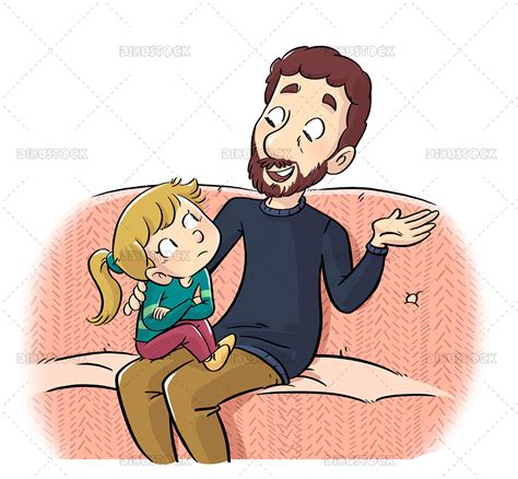 Ilustración de un padre hablando con su hija en el sofá Dibustock dibujos e ilustraciones