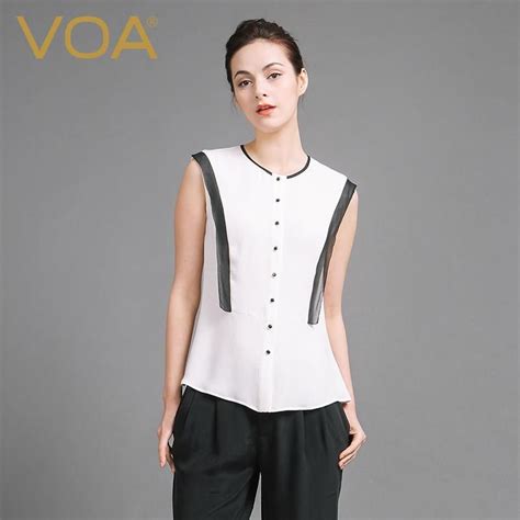 Voa 2018 Spring Summer Sleeveless White Silk Blouse Brief Office Lady Slim Shirt Plus Size