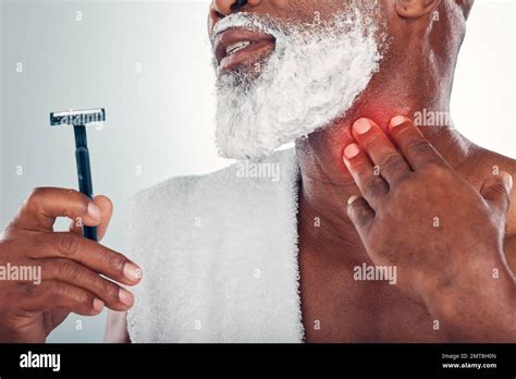 Man Shaving And Hand On Neck For Pain From Razor Burn Or Cut While