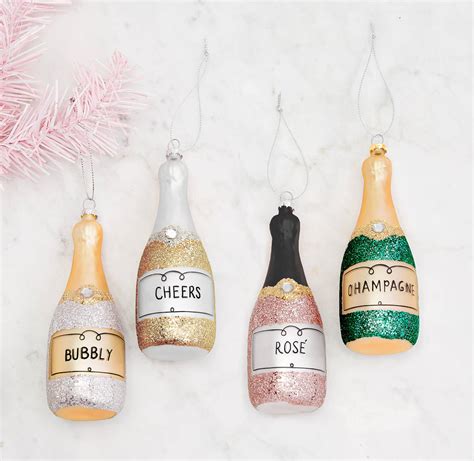Set Of Four Champagne Bottle Christmas Tree Decorations By Ella James