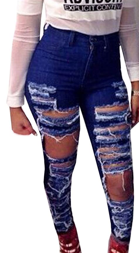 Ermonn Women S High Waist Destroyed Ripped Hole Stretch Denim Skinny Jeans Distressed Trousers