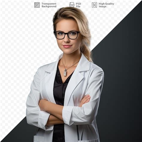 Premium Psd A Woman In A White Jacket And Glasses Stands In Front Of