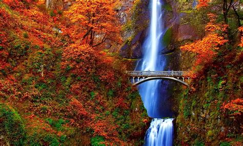 720p Free Download Waterfall Oregon Autumn Bridge Hd Wallpaper
