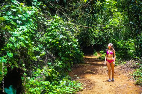 Girl In Bikini Walks Through Tropical Rainforest On Way To Nauyaca Waterfall In Costa Rica