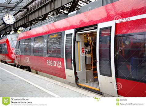 Red Carriages Of Shuttle Train On Train Station Editorial Stock Photo