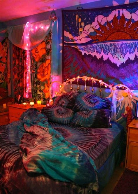 A Bed Room With A Neatly Made Bed Next To A Night Stand And Colorful Lights