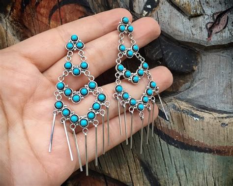 3 Long Zuni Snake Eye Turquoise Chandelier Earrings Native American