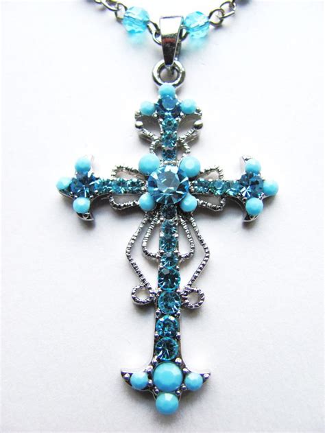 Classic Filigree Style Turquoise Blue Cross Pendant Necklace Genuine