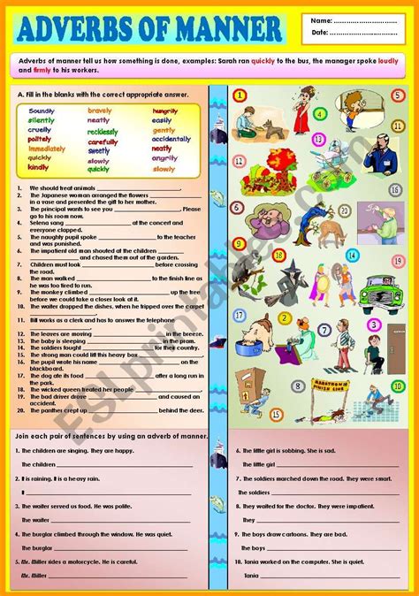 Learn the definition and useful rules of adverbs manners, ways of forming adverbs from adjectives adverbs of manner most often appear after a verb or at the end of a verb phrase. Adverbs of manner + KEY - ESL worksheet by Ayrin