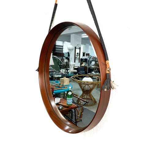 Midcentury Rope And Leather Round Teak Framed Italian Wall Mirror 1960s At 1stdibs