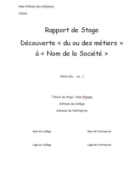 Page De Garde Rapport De Stage 3eme Exemple Arlie Upton
